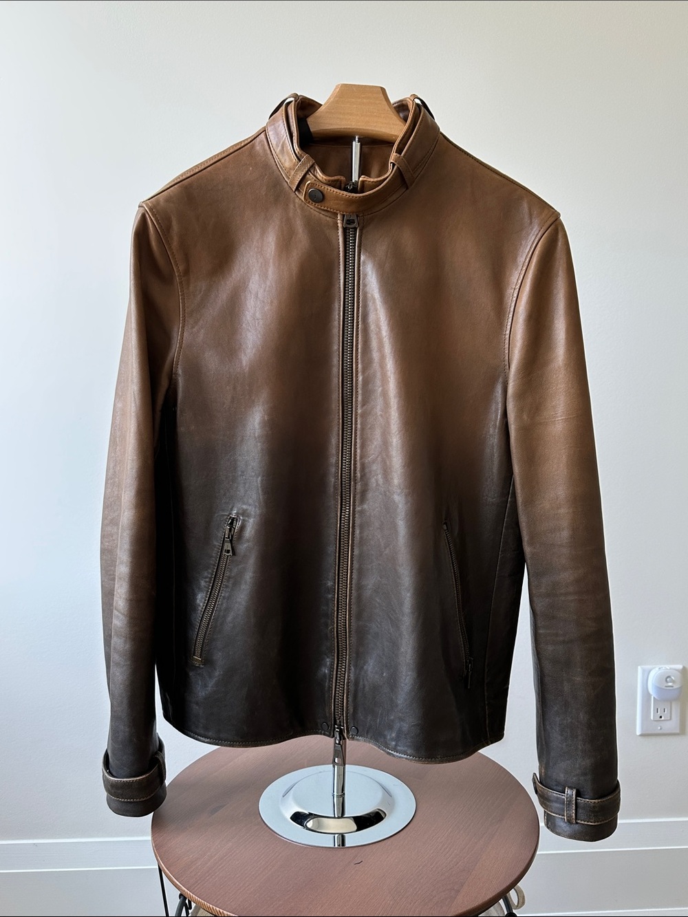 John Varvatos Brown Ombre Sheep Leather Bomber Jacket Size 46